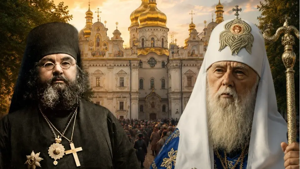 Архієпископ Олексій тта патріарх Філарет на фоні Успенського собору Києво-Печерської лаври