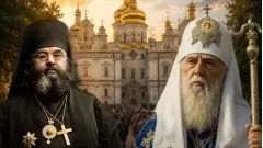 Архієпископ Олексій тта патріарх Філарет на фоні Успенського собору Києво-Печерської лаври